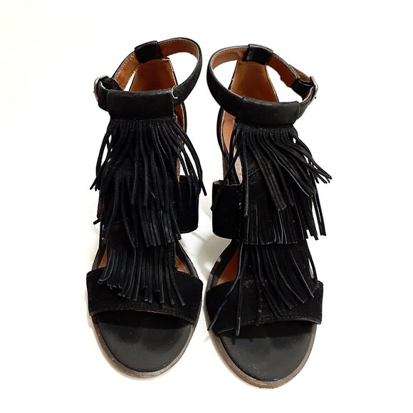 LUCKY BRAND Leesha Fringe T-strap Sandals with Block Heel in Black Suede Leather - Picture 2 of 13